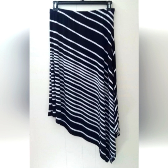 Chico's Womens Slinky Striped Asymmetric Midi Skirt Stretch M 8 10 Navy White - Picture 1 of 4